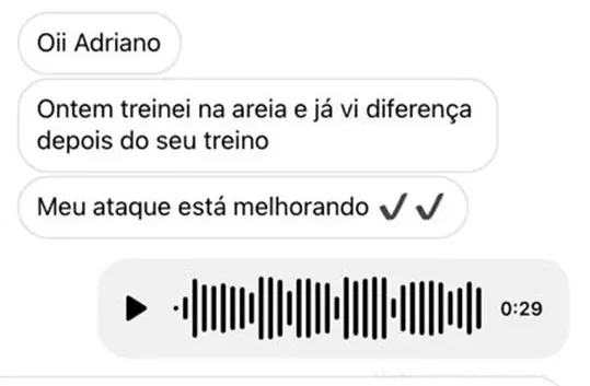 Print de depoimento: “Ontem treinei na areia e já vi diferença… Meu ataque está melhorando”