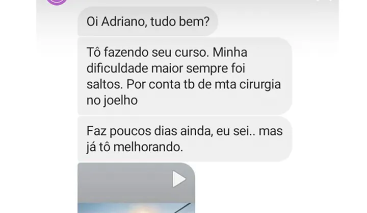 Print de depoimento: “Minha dificuldade maior sempre foi saltos… mas já tô melhorando”