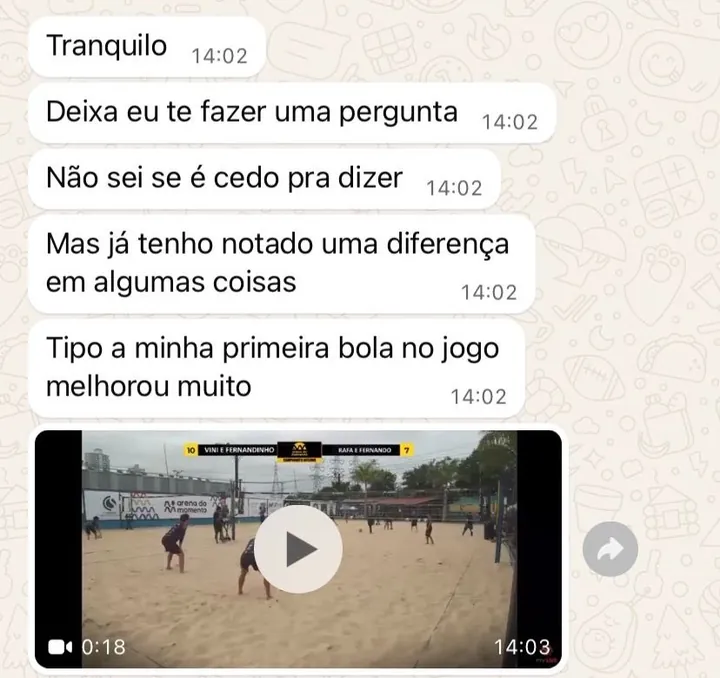 Print de depoimento: “A minha primeira bola no jogo melhorou muito”