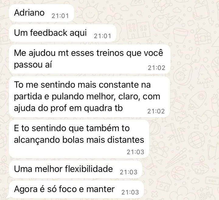 Print de depoimento: “Tô me sentindo mais constante na partida e pulando melhor… alcançando bolas mais distantes”